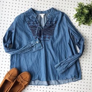 LOFT LOUNGE Embroidered chambray boho chic top